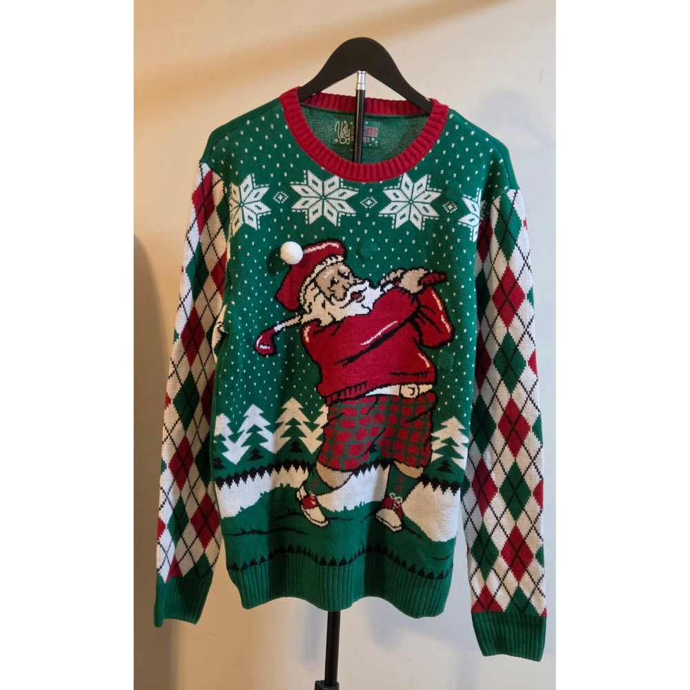 Ugly Christmas Sweater Santa Swinging Golf Club Mens Size Large Argyle Green